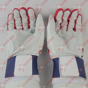 Qaswa Sports Professional Cowskin Leather Batting Gloves White Red Long Cuff Ambidextrous Breathable <b>Hook</b> Loop Closure - Product Image 1