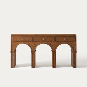 Modern <b>Rustic</b> Teak Wood Console Table with 5 Drawers Shaker <b>Door</b> Arched Design Living Room Cabinet Furniture - Product Image 1
