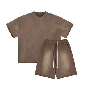 Ensemble T-shirt et short en molleton polyester/coton pour homme, qualité supérieure, col rond, décontracté, été, tissé, respirant, 2 pièces, unisexe - Product Image 5