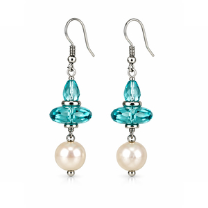 Pendientes colgantes de cristal y perlas color verde azulado, joyería plateada hecha a mano, accesorio de moda elegante para mujer - Product Image 1