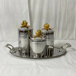 Beautifully Crafted Stainless Steel 3-<b>Jar</b> Set Hammered Surface Polished Gold Finish Includes Tray Lids Designed <b>for</b> Food <b>Storage</b> - Product Image 1