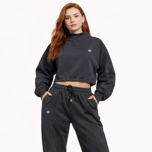 Conjunto de dos piezas OEM personalizado vintage con lavado ácido, top corto y sudadera con capucha para mujer, sudaderas al por mayor de algodón grueso para gimnasio - Product Image 3