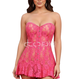 Nuevo Diseño, Vestido Transparente con Escote Corazón, Encaje Floral Rosa, Corsé de Lencería con Varillas de Acero Resistentes - Product Image 4