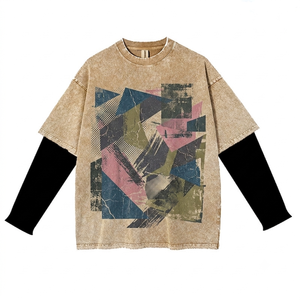 T-shirt surdimensionné à double manche pour homme avec imprimé graphique abstrait et couche intérieure à manches longues - Product Image 1