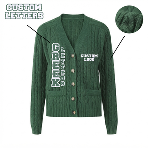 <b>Custom</b> Letters Women Knitwear Cable Knit V Neck Cardigan Winter Dark Green Solid Color Embroidered Logo Pullover Closure Pockets - Product Image 1