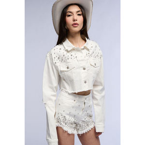 High Street Fur Collar Long Sleeve Vintage Faded Acid Washed <b>Denim</b> <b>Jacket</b> Raw Edges Slim Fit Cropped <b>Jacket</b> for Women - Product Image 1