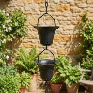 Chaîne de pluie décorative en aluminium noir martelé, style coupelle, pour gouttière et descente de toit, décoration extérieure de jardin - Product Image 2
