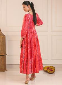 Vestido Midi de Muselina Suave con Estampado Étnico Indio, Inspirado en Anarkali, Cuello Redondo, Antiarrugas, Diseño Moderno para Mujer - Product Image 5