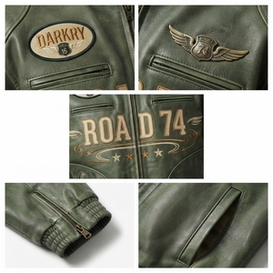 <b>Mens</b> Olive Green Distressed Leather Bomber <b>Jacket</b> Road 74 Embroidered Wing Patch Flight Outerwear Darkry Custom Factory Coat - Product Image 6