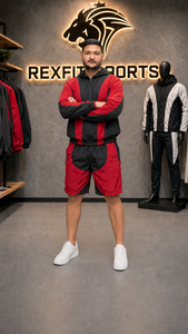 ชุดกันลมไนลอนสีแดงดำแบบสั่งทำพิเศษ REXFIT SPORTS 2026 เสื้อแจ็คเก็ตมีฮู้ดแบบซิปเต็มตัวและกางเกงขาสั้นมีซิป ชุดกีฬาแบบสั่งทำพิเศษ - Product Image 4