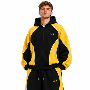 Conjuntos de sudadera de invierno de alta calidad con bloques de color, cremallera, estilo oversize, forro polar grueso y joggers anchos holgados, con bordado personalizado - Product Image 3
