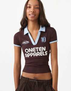 Oneten Women Brown Short Sleeve Cropped <b>Polo</b> <b>Shirt</b> Light <b>Blue</b> Collar Letter Print Sporty Top - Product Image 1