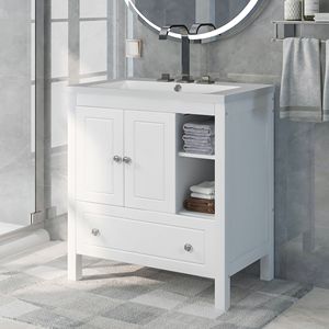 30-Inch Solid Wood Bathroom Vanity with Doors Drawers Ceramic <b>Sink</b> Practical <b>Storage</b> Cabinet - Product Image 2