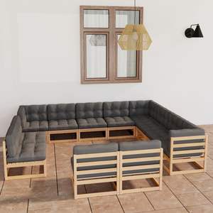 Ensemble de salon de jardin en bois naturel avec coussins gris - Product Image 1