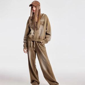Custom Designer Ladies Embroidery <b>Zip</b> <b>up</b> Acid Wash <b>Crop</b> Sweatsuits Tracksuits Sets Flared Sweatpants and Hoodies Sets Women - Product Image 3