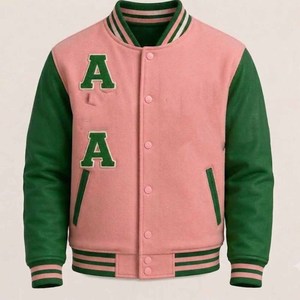 Premium AKA Wool Eco-Friendly Breathable Varsity <b>Jacket</b> <b>Pink</b> Green Sorority Embroidered Crest Logo Front <b>Waterproof</b> Women's - Product Image 4