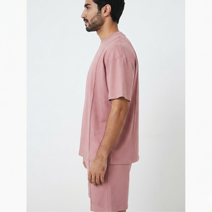 Ensemble de survêtement rose en coton pour homme – T-shirt à col rond et manches courtes coupe ample et short – Tenue décontractée d'été – Survêtement de couleur unie - Product Image 2