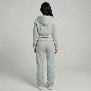 Ensemble de survêtement décontracté pour femme, sweat à capuche zippé gris clair et pantalon de jogging en molleton de coton, deux pièces, style streetwear - Product Image 4
