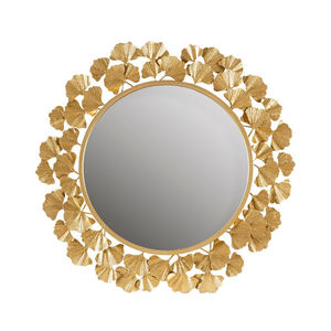 Grand miroir mural rond en fer doré style feuille de ginkgo, décoratif, pour salon, chambre et entrée. - Product Image 1