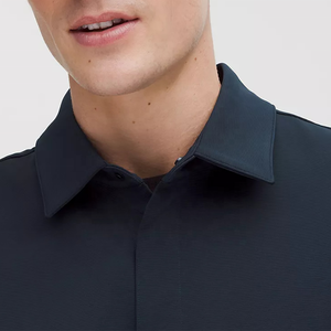 Chemise-veste Oxford bleu foncé pour homme avec logo personnalisé, col rabattu, coupe classique, couleur unie, poches, simple boutonnage, manches longues - Product Image 5