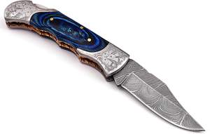 Couteau de poche pliant portable en acier inoxydable avec manche en bois, couteau de survie Damas pour le camping en extérieur, personnalisation OEM prise en charge - Product Image 4