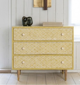 Aparador de madera maciza de mango amarillo con incrustaciones de hueso, 5 cajones, cómoda de almacenamiento, consola decorativa hecha a mano para sala de estar - Product Image 1