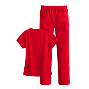 Conjunto de uniforme médico rojo para mujer, top con cuello en V y bolsillos, y pantalones con cintura elástica. - Product Image 2