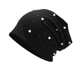 Elegant Black Beanie Hat With Pearls And Rhinestones For Women 100% Acrylic Hand Knitted Casual <b>Winter</b> <b>Cap</b> 56-58CM - Product Image 2