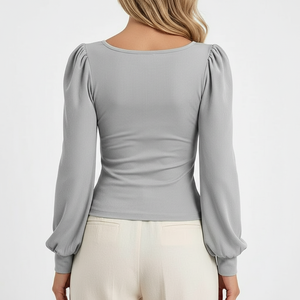 Haut de sport côtelé à col carré et manches bouffantes, tricoté ajusté à manches longues, respirant et flexible, avec poignets côtelés, personnalisable OEM, fabricant en gros - Product Image 3