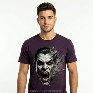 T-shirt gris pour homme avec impression graphique de crâne aux yeux rouges, coton lourd de haute qualité, style streetwear d'horreur, fournisseur en gros - Product Image 6