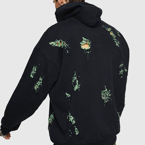 Sweat-shirt à capuche oversize noir pour homme avec broderie verte, style streetwear, coupe classique, en coton tricoté, pour l'automne - Product Image 5