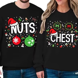 Nuts Chest Sudaderas navideñas a juego para parejas, conjuntos festivos con estampado negro, jersey unisex de corte regular con cuello redondo - Product Image 1