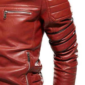 Men's Red PU Leather Motorcycle <b>Jacket</b> <b>Slim</b> <b>Fit</b> Stand Collar Zipper Closure Moto Biker Style Autumn Wear - Product Image 6