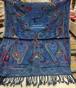 Multi Colours Woollen Modal Scarves Designer Embroidery <b>Shawls</b> With Fringes for Winter Wholesale From India - Product Image 1