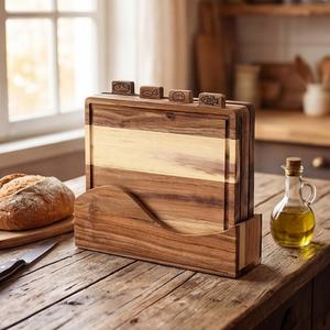 Juego de 4 tablas de cortar de acacia con soporte, tablas de madera para carne, pescado, verduras y pan, tablas de preparación de cocina con recogedor de migas - Product Image 1