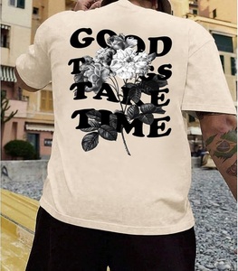 Les Bonnes Choses Prendent du Temps T-shirt Homme Oversize Imprimé Floral Style Urbain Manches Courtes Col Rond Coton Jersey Beige - Product Image 6