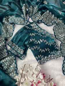 Indian Katan Saree Latest Designer Party Festival Wear Wedding Women's Cotton Embroidery Work Sari Blouse Ethnic <b>Machine</b> 79976 - Product Image 3