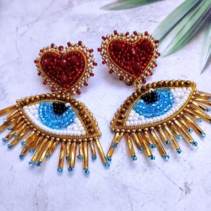 Boucles d'oreilles brodées à la main de luxe avec perles et motif œil porte-bonheur, bijoux uniques et tendance pour femme, légères, cadeau d'été, vente en gros - Product Image 5