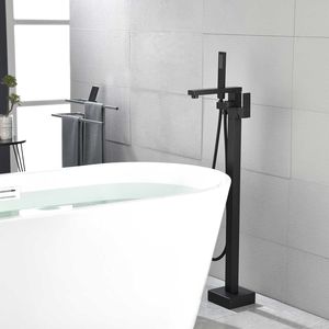 Robinet de baignoire sur pied noir mat à poignée unique avec douchette, en laiton, à fixation au sol, pour salle de bain - Product Image 3
