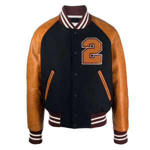 2026 OEM <b>Men's</b> Black With Brown PU <b>Leather</b> Sleeves Number 2 Patch Front Button Closure Regular Fit Preppy Style Varsity <b>Jacket</b> - Product Image 1