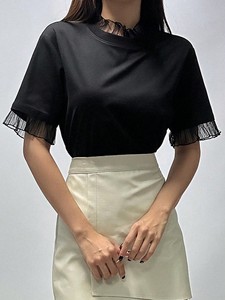 2026 Trendy Elegant Mesh Ruffle Trim Black Short Sleeve Crewneck Top Summer Casual Solid Color Blouse Oem Custom Women's Shirts - Product Image 3