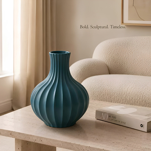 Ribbed <b>Bulb</b> Shape Teal Blue Tabletop <b>Vase</b> Modern Decorative Metal <b>Vase</b> - Product Image 4