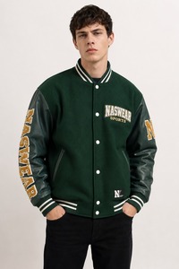Wholesale Premium Quality Men's Green Varsity <b>Jacket</b> PU <b>Leather</b> Sleeves Chenille Patches Preppy Style Men Varsity <b>Jacket</b> - Product Image 1