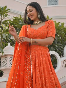 Lehenga Choli orange avec broderie dorée pour femmes, tenue de mariage Inde Pakistan, robe traditionnelle en polyester longueur ras du sol - Product Image 4