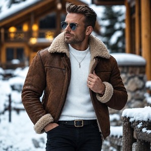 Brown Shearling Genuine Leather <b>Coat</b> for Men, Sheepskin Aviator Jacket, 90s Vintage Winter Jacket, Fur Collar <b>Coat</b>, <b>Warm</b> Gift - Product Image 4