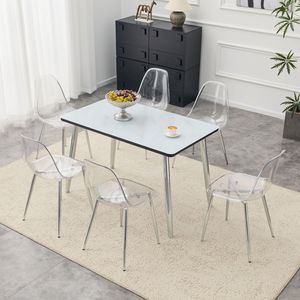 Set da Pranzo con Texture Imitazione Marmo Bianco, Piano in Vetro, Base in MDF Nero, Gambe Affusolate in Metallo Argento, Tavolo e Sedie Incluse - Product Image 1
