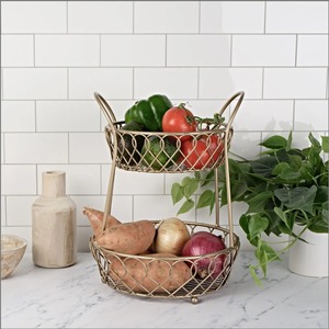 Two Tier Metal Basket For Fruits <b>Vegetables</b> <b>Storage</b> Kitchen Counter Organizer Modern Home Use Durable Steel Stand From India - Product Image 3