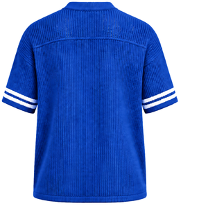 เสื้อเจอร์ซีย์กีฬาคอวีสีน้ำเงินรอยัล ผ้าถักน้ำหนักเบา แขนสั้น แต่งแถบลาย  แบบสั่งทำพิเศษ ทรงโอเวอร์ไซส์ สไตล์ลำลอง สำหรับทีมกีฬา - Product Image 2