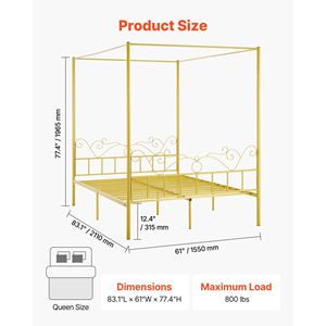 Queen Size <b>Metal</b> Canopy Bed <b>Frame</b> with Minimalist Four Posters Headboard Heavy Duty Steel Slats Support Minimalist Design - Product Image 2
