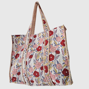 Sac fourre-tout en coton floral avec broderie et design à panneaux, style bohème à ouverture supérieure, idéal pour le shopping toutes saisons - Product Image 3
